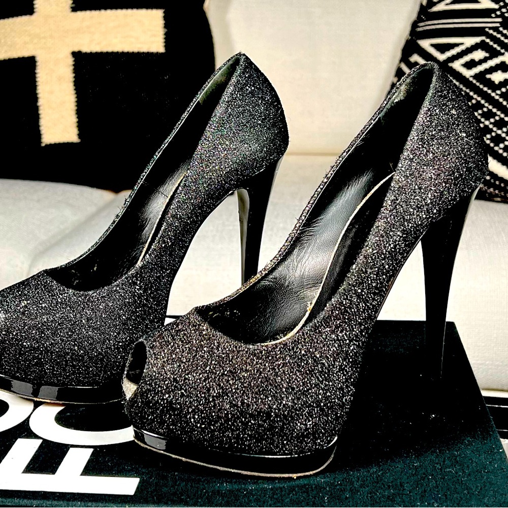 Giuseppe Zanotti Black Glitter And Metallic Textured Suede Platform Pumps Size 7 - Picture 6 of 7